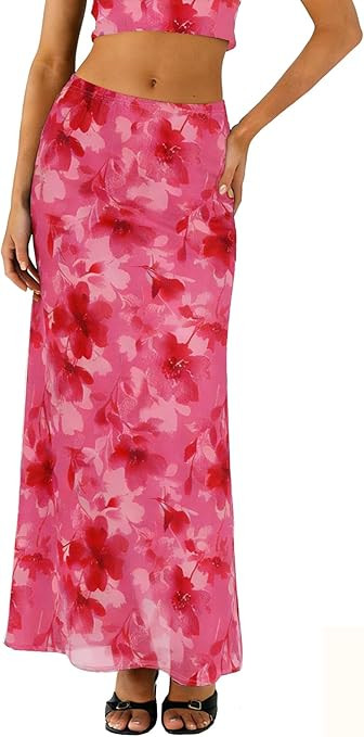 BLENCOT Womens Long Mesh Skirts Spring Boho Printed High Waisted A-Line Flowy Maxi Skirt for Beac... | Amazon (US)