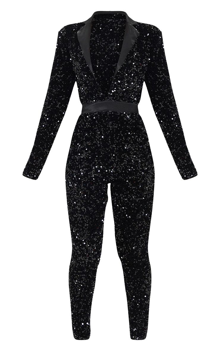Black Velvet Sequin Plunge Front Tailored Jumpsuit | PrettyLittleThing US