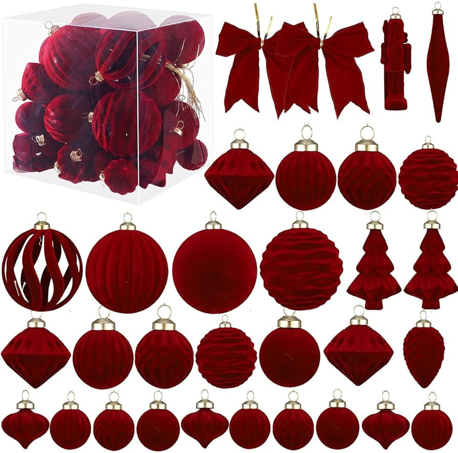 Velvet Christmas Ornaments Set 42pcs Vintage Burgundy Shatterproof PVC Christmas Tree Decorations... | Amazon (US)