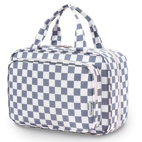 Narwey Travel Toiletry Bag for Women Large Hanging Makeup Bag Organizer Toiletries Bag for Full Size Essentials Accessories Cosmetics (Grayish Blue Checkerboard (Large)) | Amazon (US)