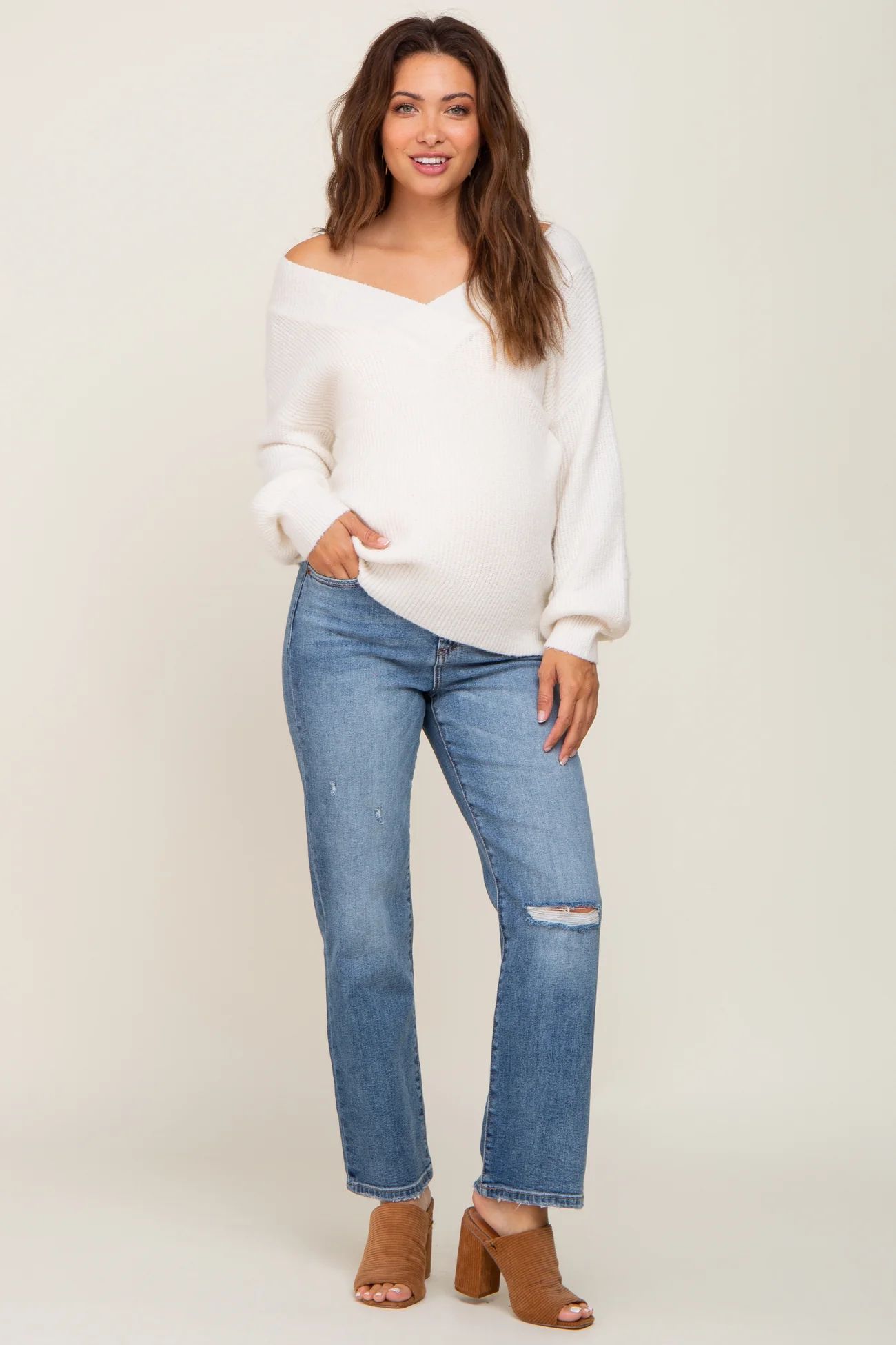 Blue Open Knee Maternity Straight Leg Jean | PinkBlush Maternity