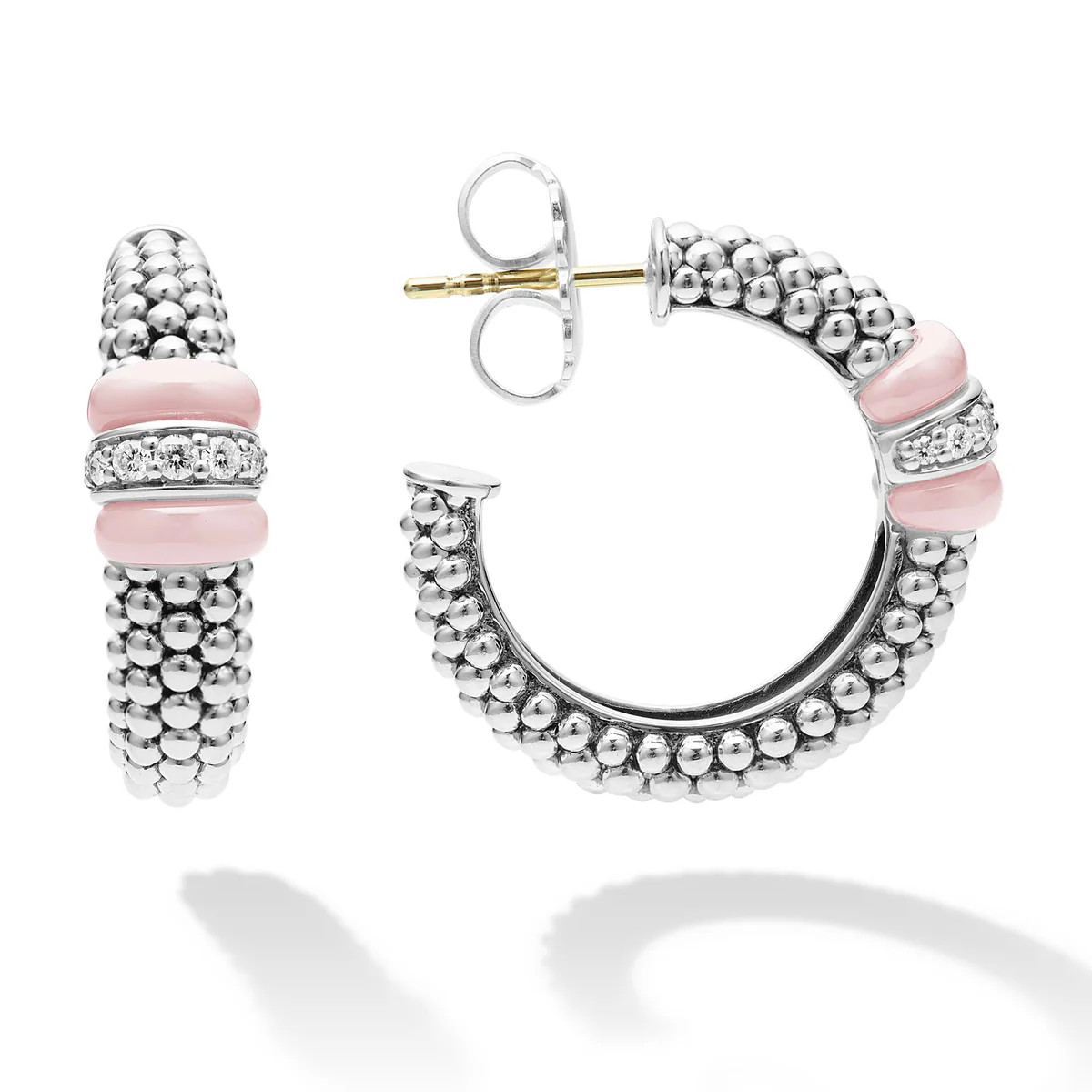 Pink Ceramic Caviar Diamond Hoop Earrings | LAGOS
