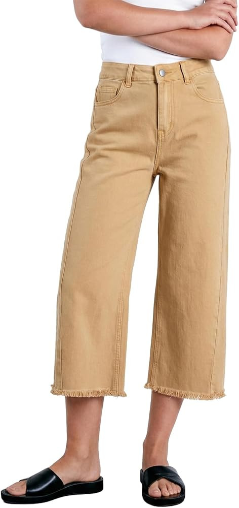 Sidefeel Women's Capri Jeans High Waisted Wide Leg Stretchy Raw Hem Side Seam Zimbaplatinum Denim... | Amazon (US)