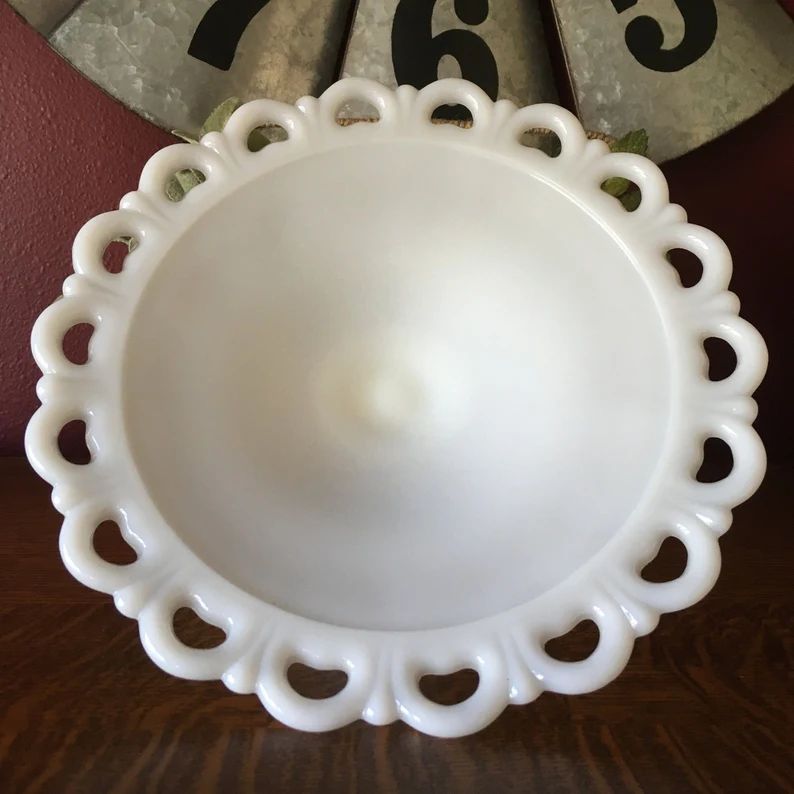White milk glass shallow bowl pedestal dish, Large lace edge milk glass dish, farmhouse decor, we... | Etsy (US)