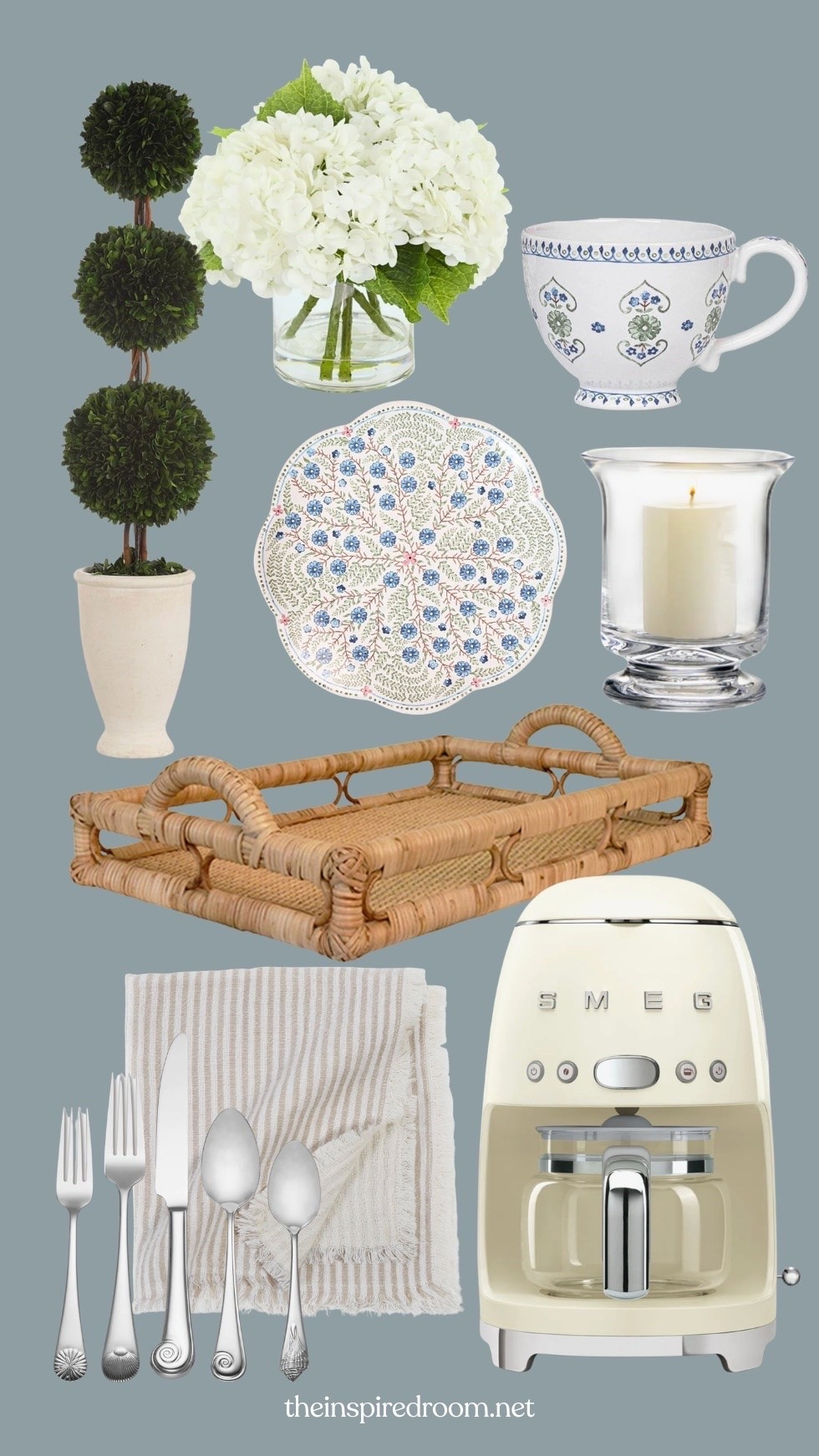 Romanticizing mornings ☕️ rattan tray, glass hurricane, faux hydrangea arrangement, topiary, mug, smeg coffee maker, striped napkins, flatware with shell detail, dessert plate

#LTKSaleAlert #LTKHome #LTKmorningroutine