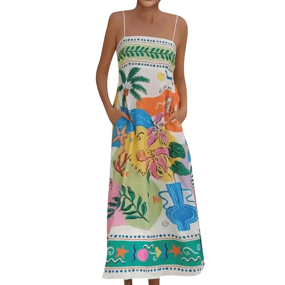 Beach Dresses for Women 2025 Vacation Spaghetti Strap Graffiti Maxi Dress Graphic A Line Swing Lo... | Amazon (US)