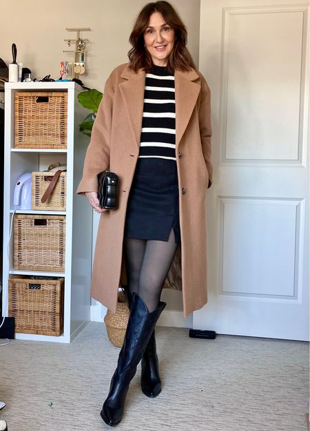 Cold weather going out look:
Tights are fleece lined but look like sheer nylons! One size fits approx XS-L, 5’ 8” or shorter 
Skirt fits tts
Sweater is old but I linked similar.
Boots fit tts
Bag and earrings are from Amazon
Coat is Aritzia so I can’t link it but I found a few similar that fit tts


#LTKstyletip #LTKitbag #LTKshoecrush