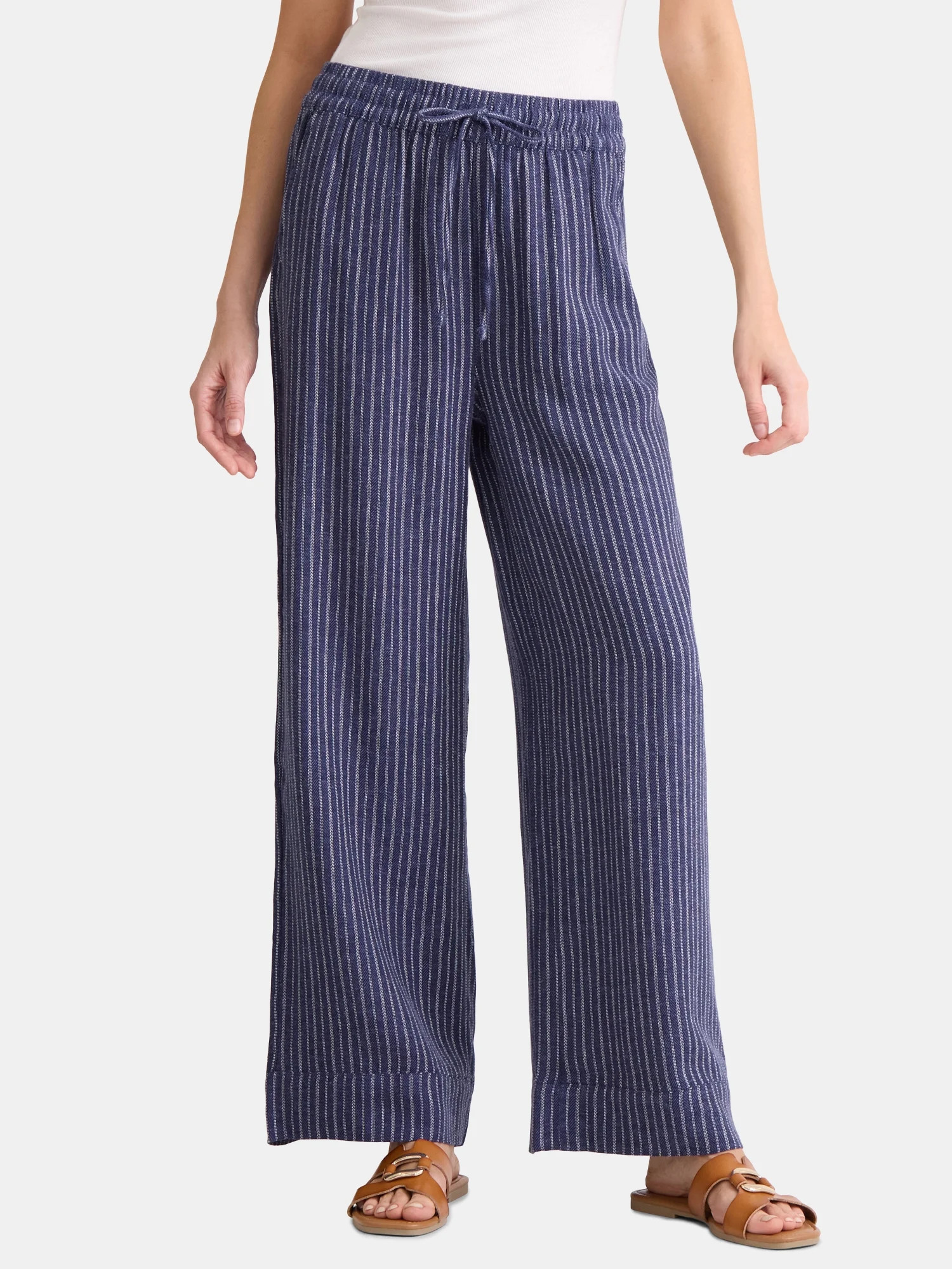 Time and Tru Women's and Women's Plus Wide Leg Linen Blend Pants, 29" Inseam, Sizes XS-4X | Walmart (US)