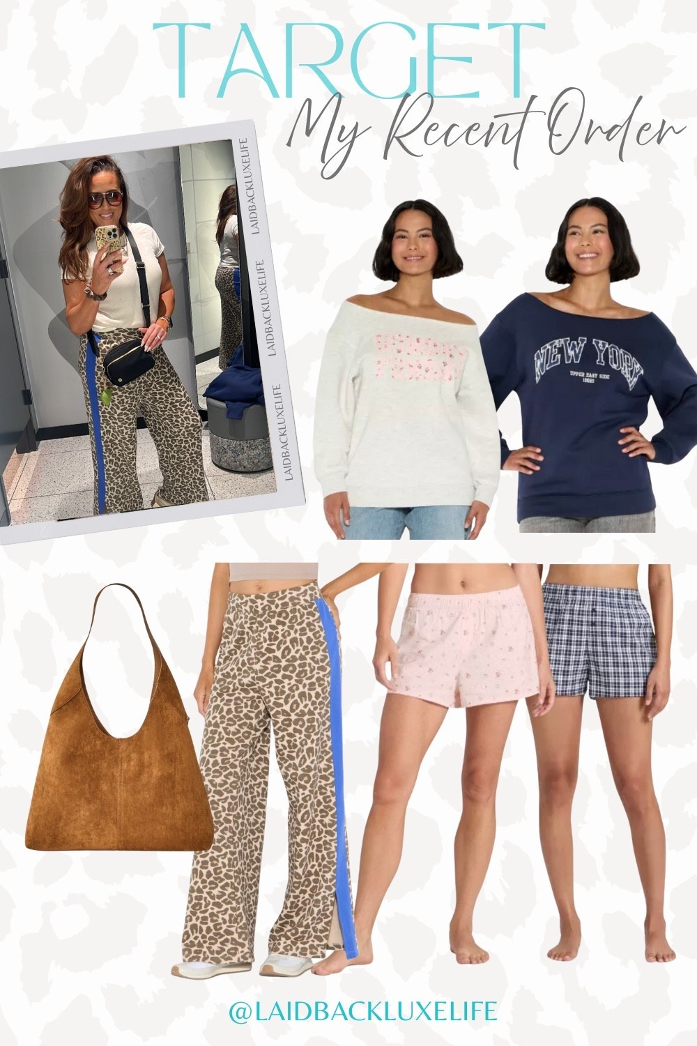 The viral leopard pants you need in your life! 🐆 They are comfy AND very budget friendly too! I sized up one to a Large for length. I’m 5’10” for reference. Linked my recent Target order! 🎯 oversized sweatshirt, Sunday Funday sweatshirt, New York sweatshirt, pajama boxers, brown suede handbag, It bag, Target style @target #LaidbackLuxeLife

Pants: L (sized up 1 for length)
Sweatshirts: M
Boxers: L

 Hey Beautiful! Feel free to comment on this post if you have any questions! 🫶🏽

Follow me for more fashion finds, beauty faves, lifestyle, home decor, sales and more! So glad you’re here!! XO, Karma

#LTKFindsUnder50 #LTKStyleTip #LTKSeasonal