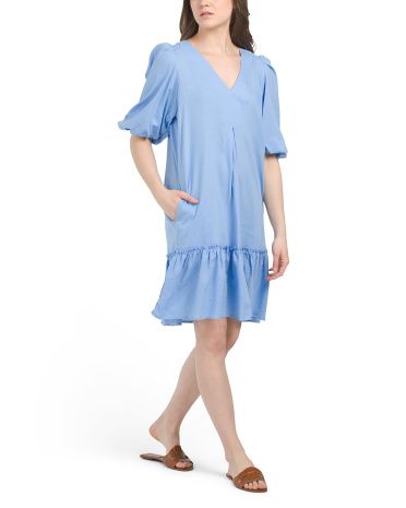 Linen Blend Puff Shoulder Ruffle Hem Mini Dress | TJ Maxx