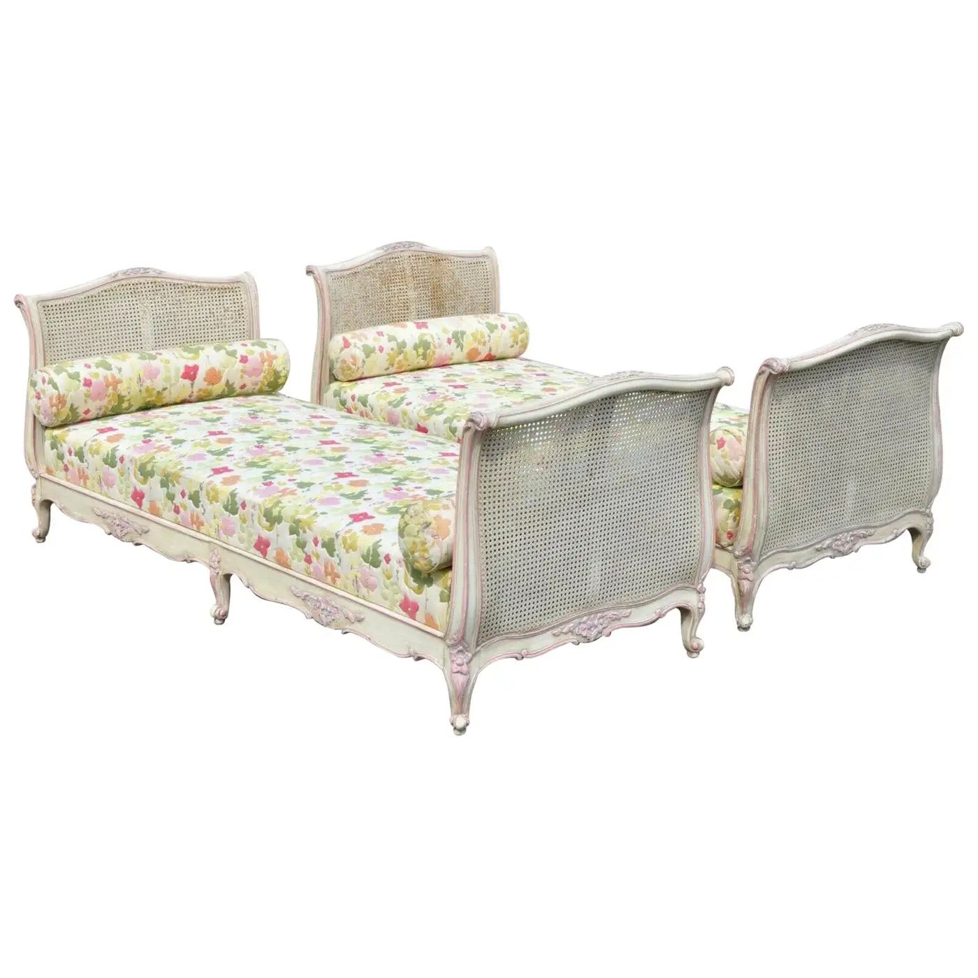 Pair of French Louis XV Style Pink & Cream Painted Bed Carved Wood & Cane Daybed | 1stDibs