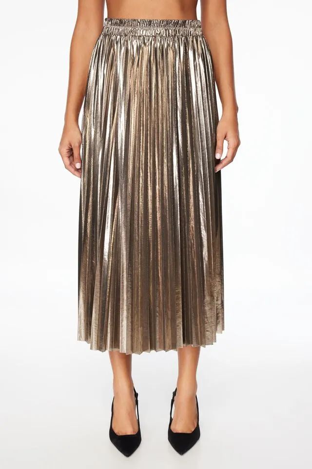 Laure Metallic Pleated Midi Skirt | Dynamite Clothing