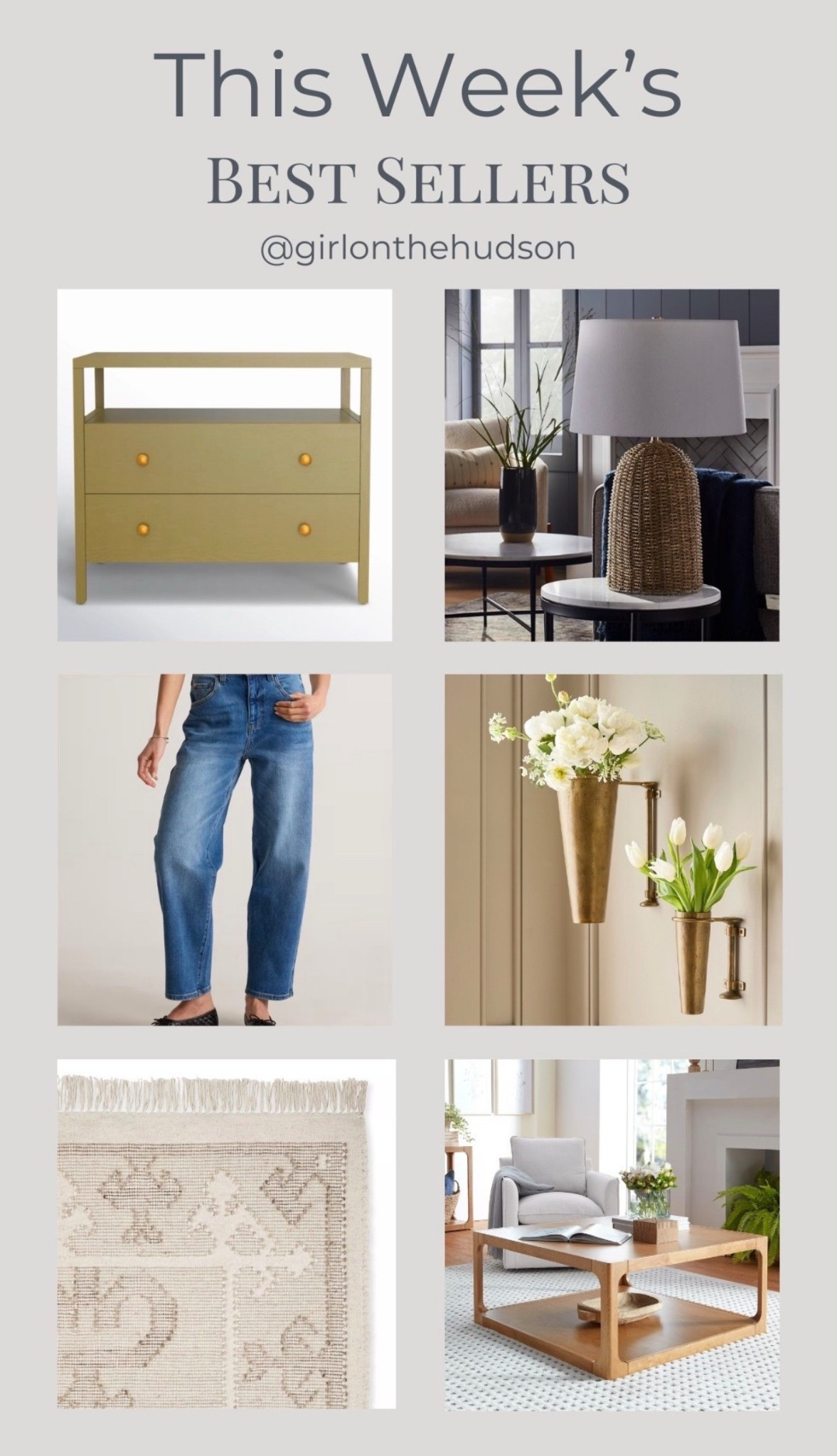 Cheers to the weekend! Linking this  week’s best sellers which include the perfect olive green bedside table (still on sale!!), Target seagrass table lamp, my $50 Quince jeans, the prettiest wall vases, the perfect neutral rug (also on sale) and our Walmart coffee table (only $200!!) 

#LTKHome #LTKootd #LTKSaleAlert