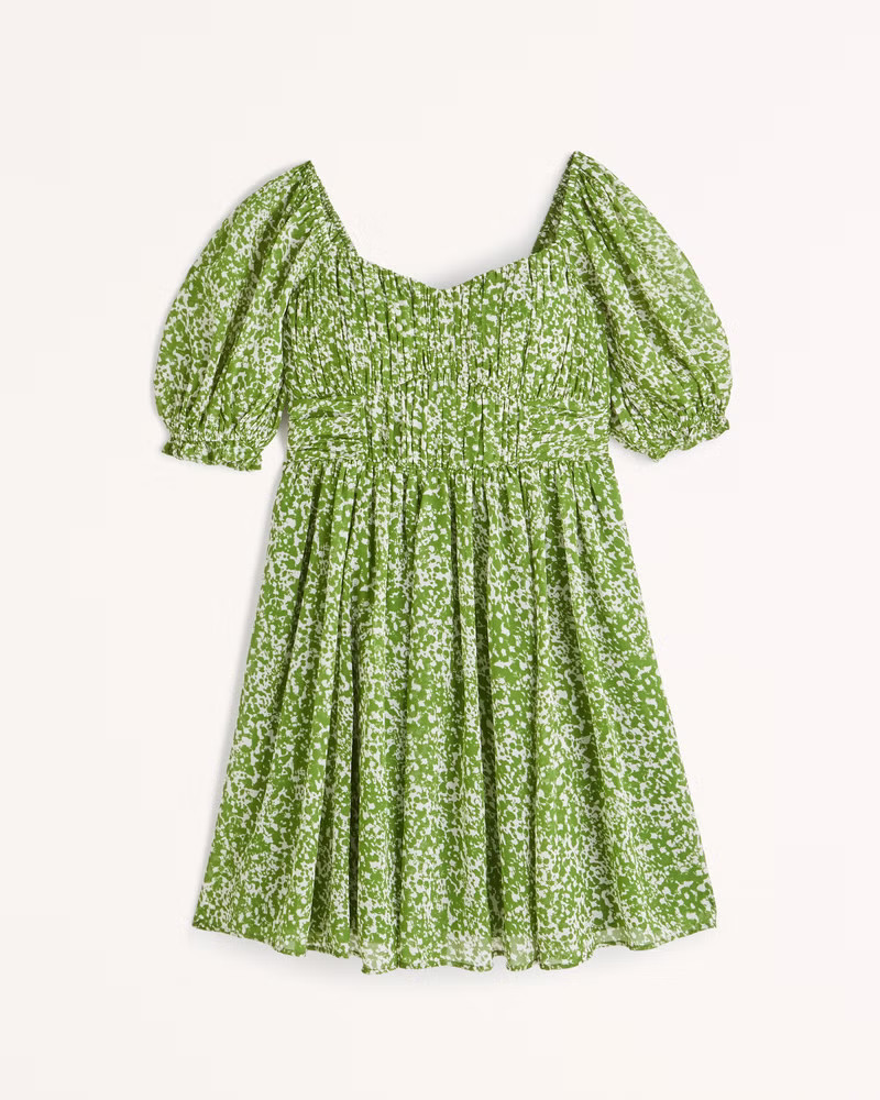 Ruched Ruffle Puff Sleeve Mini Dress | Sage Green Dress | Emerald Green Dress | Floral Dress | Abercrombie & Fitch (US)