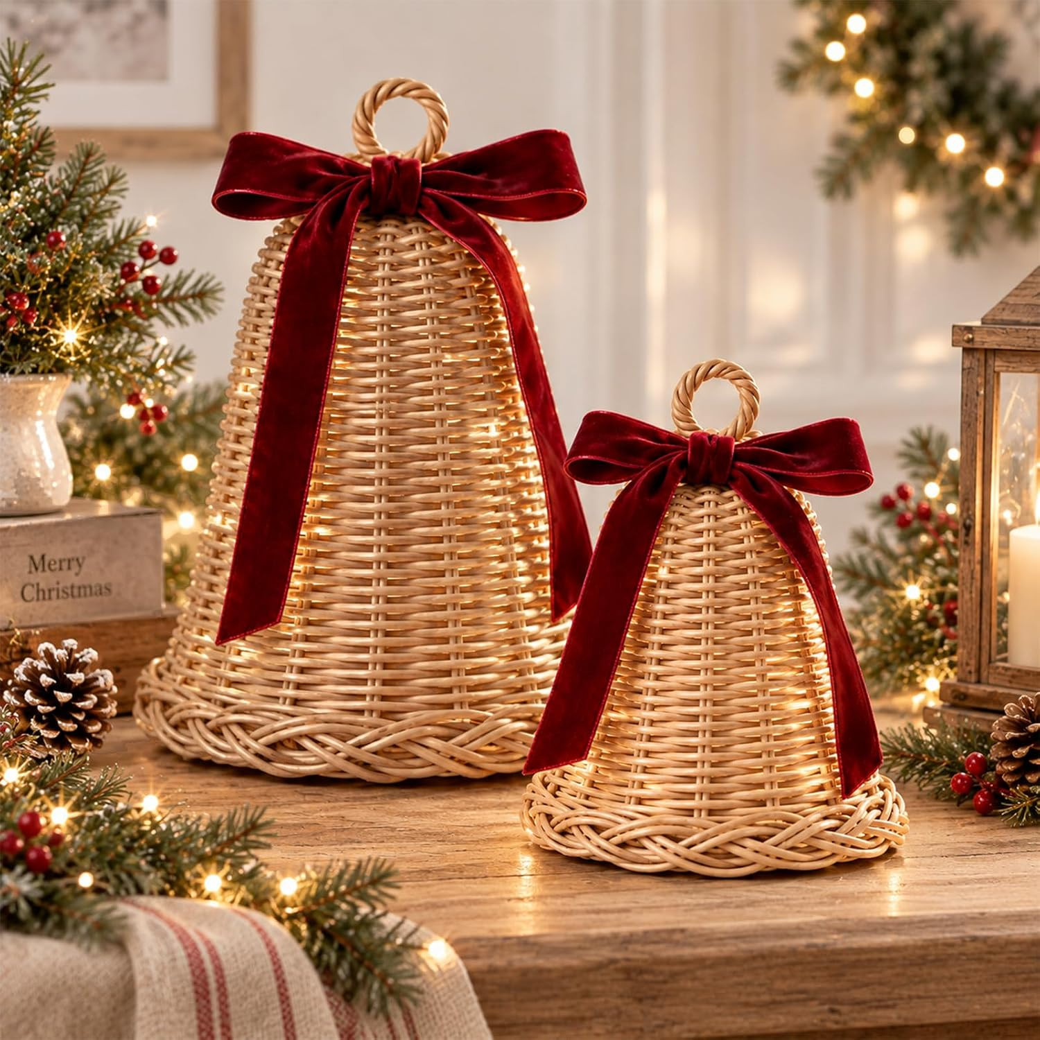 Yookeer 2 Pcs Christmas Rattan Woven Bell Decor with LED Lights, 15 11 in | Amazon (US)