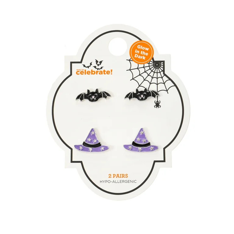 Way to Celebrate Bat & Witch Hat Halloween Stud Earrings, 2 Pairs | Walmart (US)