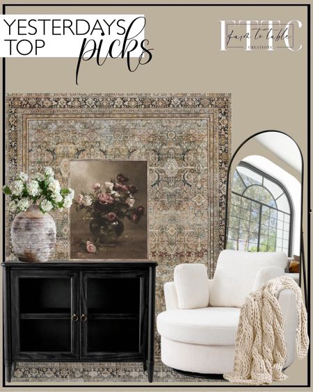 Yesterday’s Top Picks. Follow @farmtotablecreations on Instagram for more inspiration.

Loloi Layla Collection, LAY-03, Olive/Charcoal, 2'-6" x 7'-6", 13" Thick, Runner Rug, Soft, Durable, Vintage Inspired, Distressed, Low Pile, Non-Shedding, Easy Clean, Printed, Living Room Rug. Killybrooke 2 Door Glass Cabinet Black - Threshold designed with Studio McGee. Dahlonega Upholstered Swivel Barrel Chair. BEAUTYPEAK 76"x34" Arch Full Length Mirror Oversized Floor Mirrors for Standing Leaning, Black. Moody Vintage Still Life | White Red and Pink Roses in Vase Oil Painting | Spring Vintage Printable Wall Art | Digital Download  antiqve. Home Inspiration Handmade Throw Handblock print Throw Cotton Throw Blanket Sofa Décor Room Décor Tassels Hand Loomed. Colossal Handknit Throw. Artisan Vase. 25" Faux Snowball Flower in Cream/Green, Real Touch Flowers. 



#LTKSaleAlert #LTKHome #LTKFindsUnder50