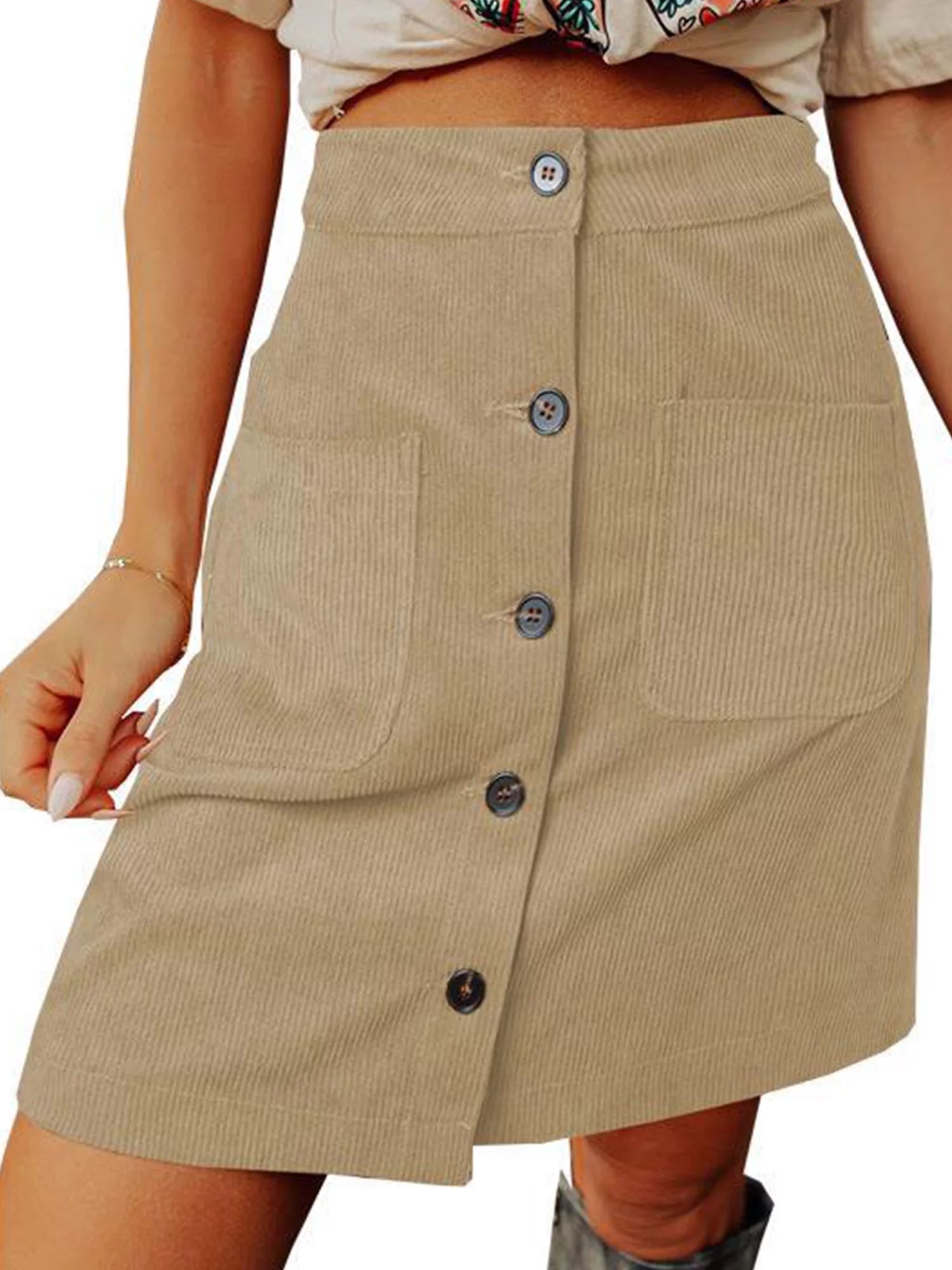Bomotoo Women Casual Mini Skirts Solid Color Loose Corduroy Skirt Holiday A-line Apricot L - Walm... | Walmart (US)