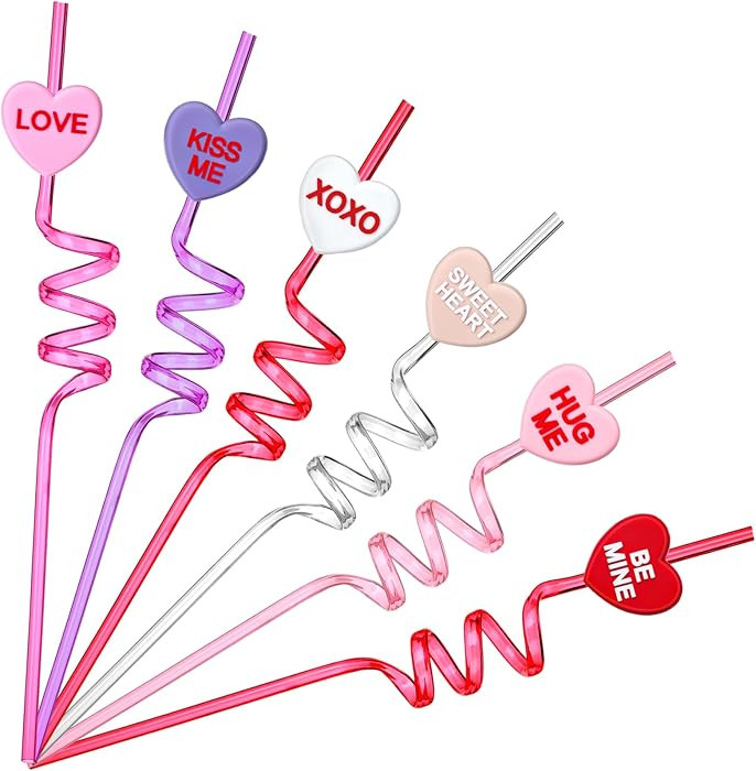 24 Pcs Valentines Plastic Straws with Conversation Heart Slices Candy Heart Reusable Drinking Str... | Amazon (US)
