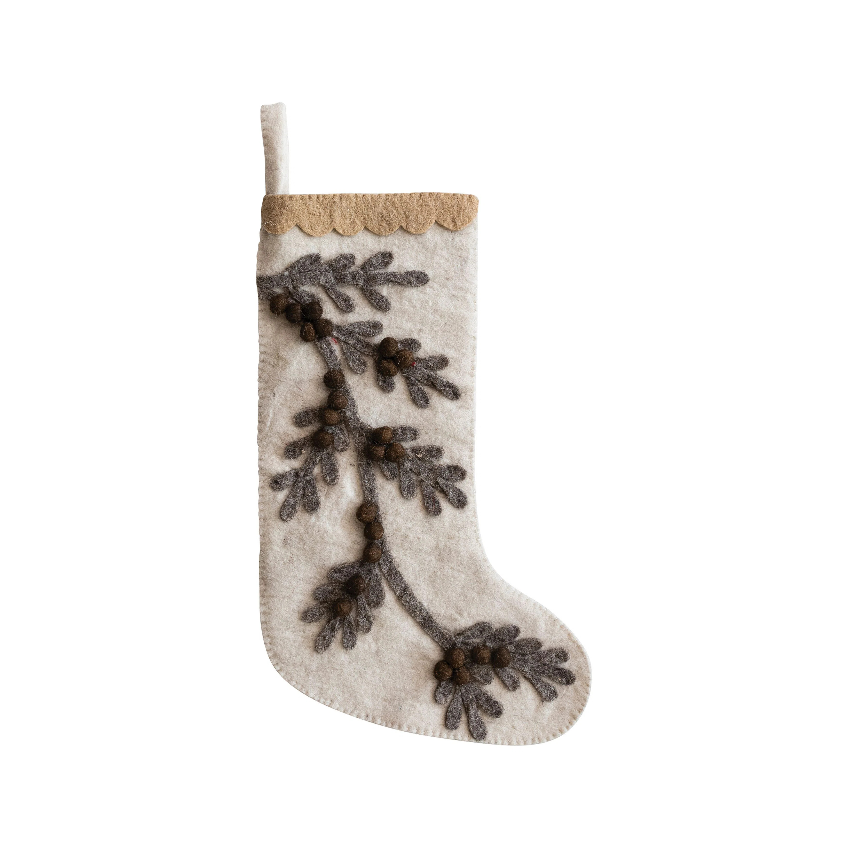 The Holiday Aisle® Handmade Wool Felt Stocking With Appliqued Branch, Pom Poms And Scalloped Tri... | Wayfair North America