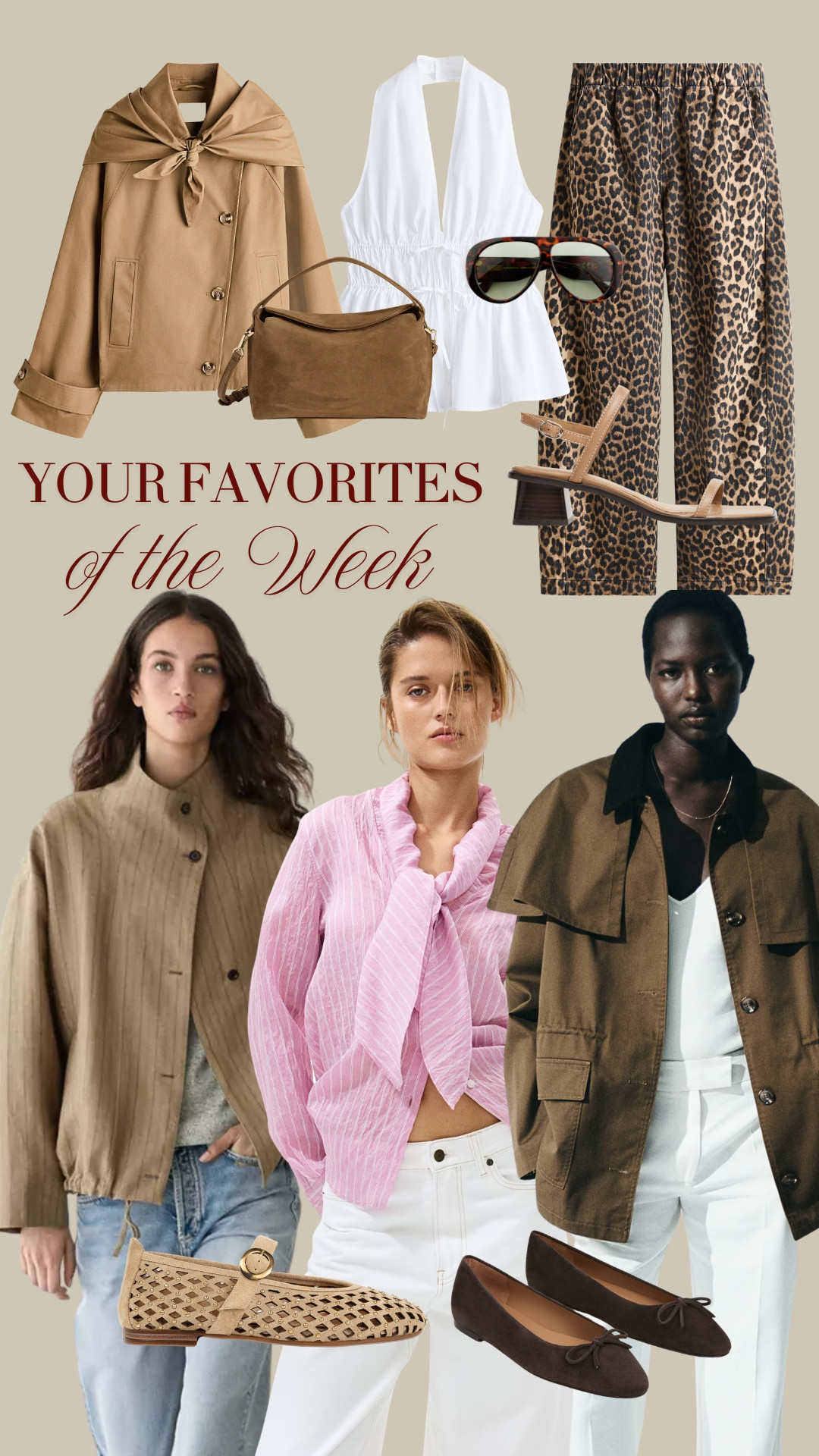 BESTSELLERS OF THE WEEK ✨ Your most loved spring pieces of the week ✨ TAGS: viral khaki jacket H&M, khaki cape jacket, pink scarf blouse, blue  jeans, brown leather ballet flats, brown sunglasses, brown suede leather bag Flattered, Prismatic Palma & Chocolate Bag by PARIS/64, scarf cropped trench beige, scarf jacket Massimo Dutti, leopard print jeans, air & grace  sand mary janes, white halter top 

 #LTKspring #LTKshoes #LTKbag
