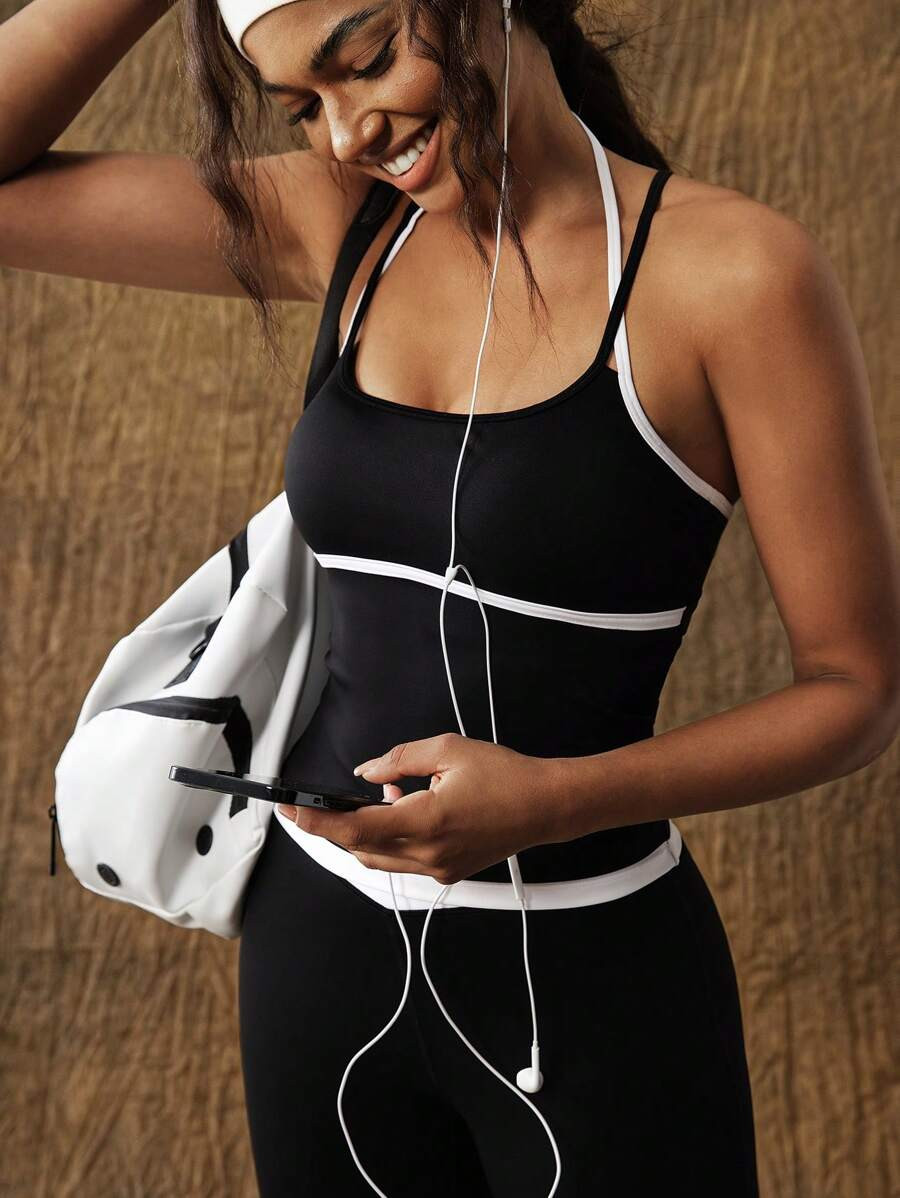 VARSITIE Fashionable And Simple Yoga Black And White Contrast Square Neck Spaghetti Strap Women's... | SHEIN