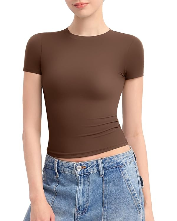 PUMIEY Women's Crew Neck Short Sleeve Tops Double Lined Slim Fit T Shirts Basic Tee Smoke Cloud P... | Amazon (US)