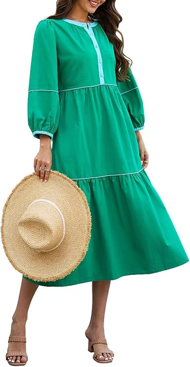 LifeShe Womens Maxi Dress 3/4 Puff Sleeves Button Front Long Dresses Pullover Tiered Sundress | Amazon (US)