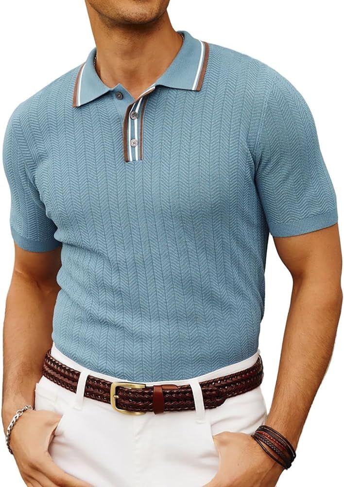 PJ PAUL JONES Mens Knitted Polo Shirts Short Sleeve Textured Pullover Golf Polo T Shirts | Amazon (US)