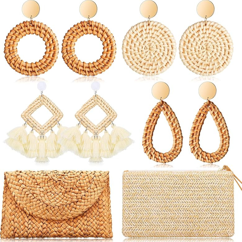 2 Pcs Women's Straw Clutch Purse and 4 Pairs Rattan Earrings Lightweight Boho Geometric Woven Str... | Amazon (US)