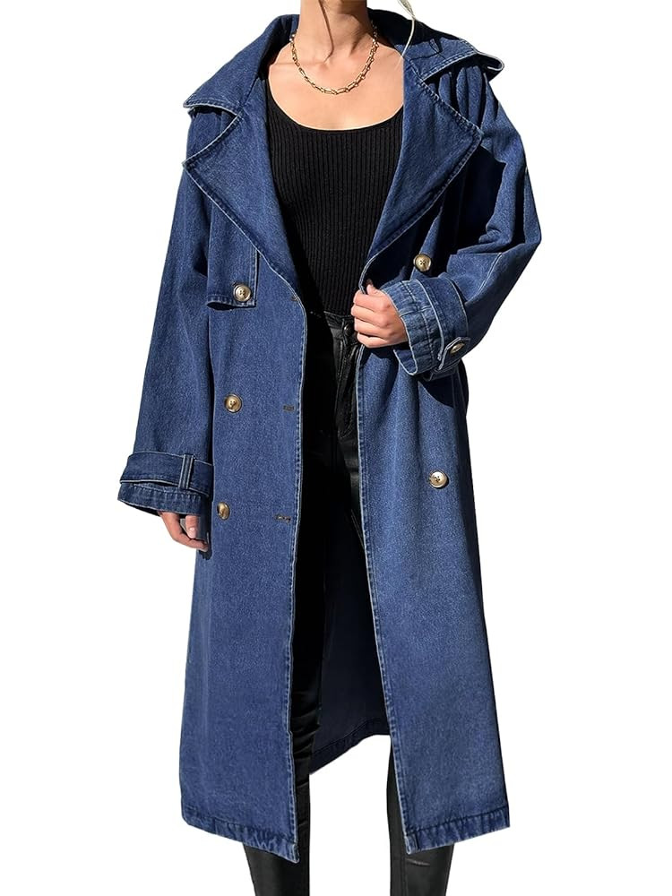 Fazortev Women's Long Double Breasted Denim Jacket Oversized Button Down Maxi Jean Coat Classic L... | Amazon (US)