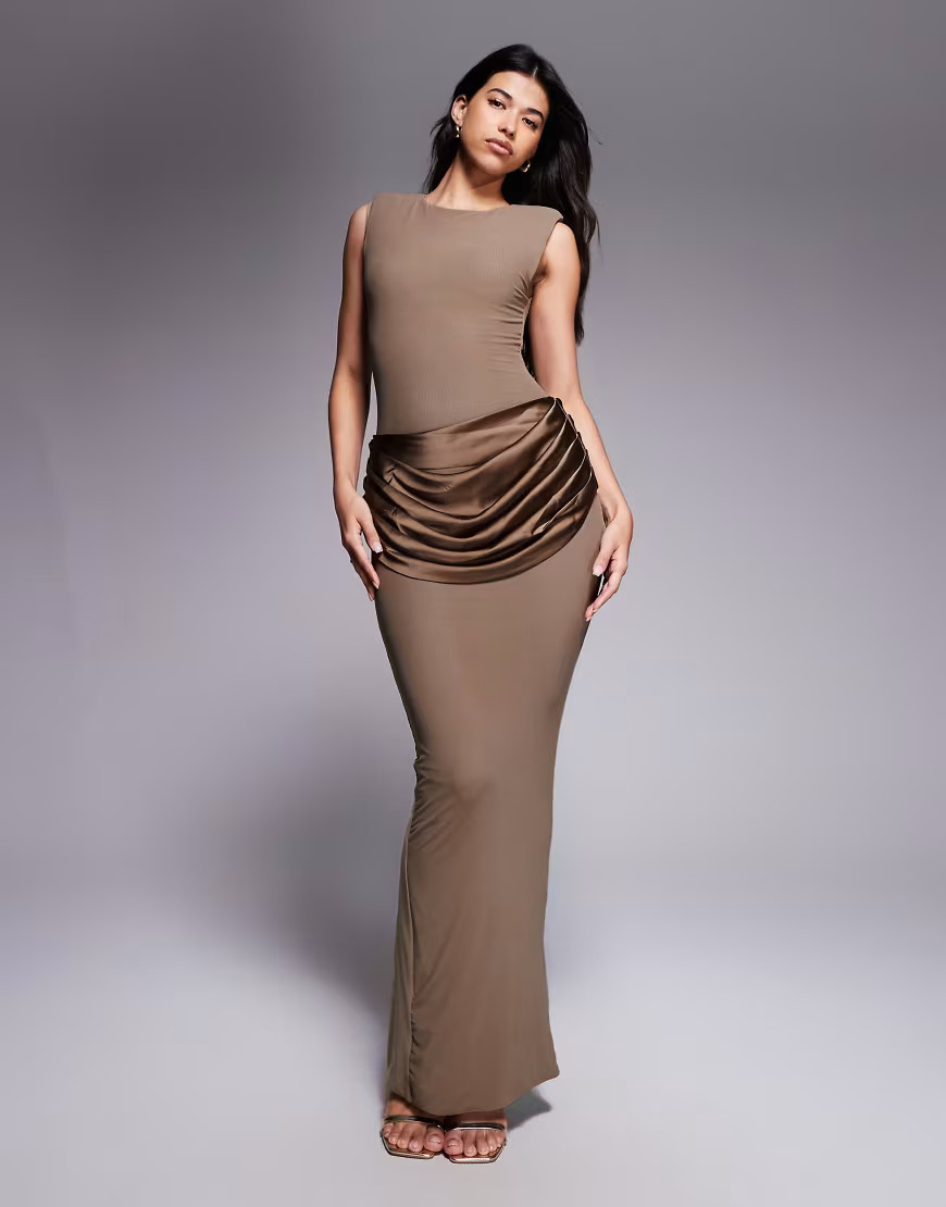 Wanderdoll Eman shoulder pad detail sleeveless slash neck satin drape waist detail bodycon maxi dress in mocha mousse-Brown | ASOS (Global)