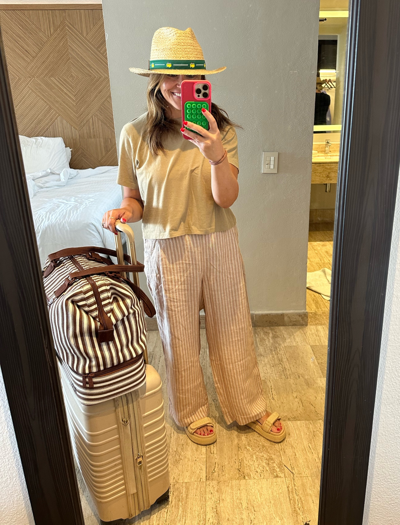 My travel home from Mexico outfit! Linen pants size M. Crop Box tee size M. I got this hat when we went to the Masters. I have found the exact one on eBay and linked a few! Also linked a similar options! 

Most worn sandals this summer! And of course my favorite luggage combo! 

#LTKStyleTip #LTKFindsUnder100 #LTKTravel