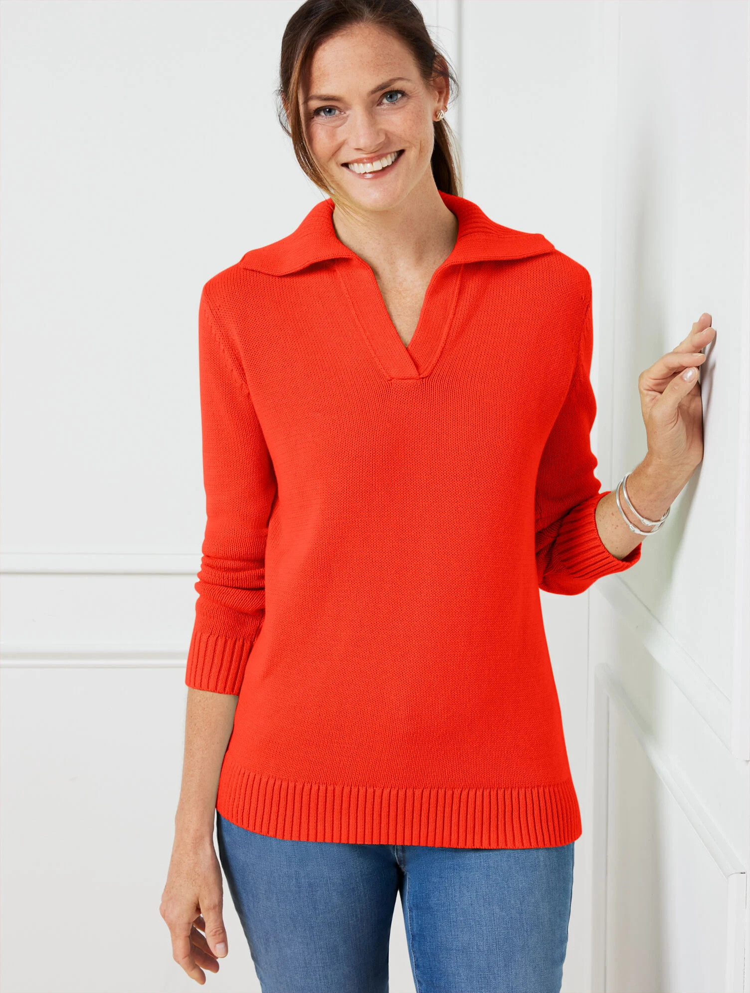 Brushed Cotton Johnny Collar Pullover | Talbots