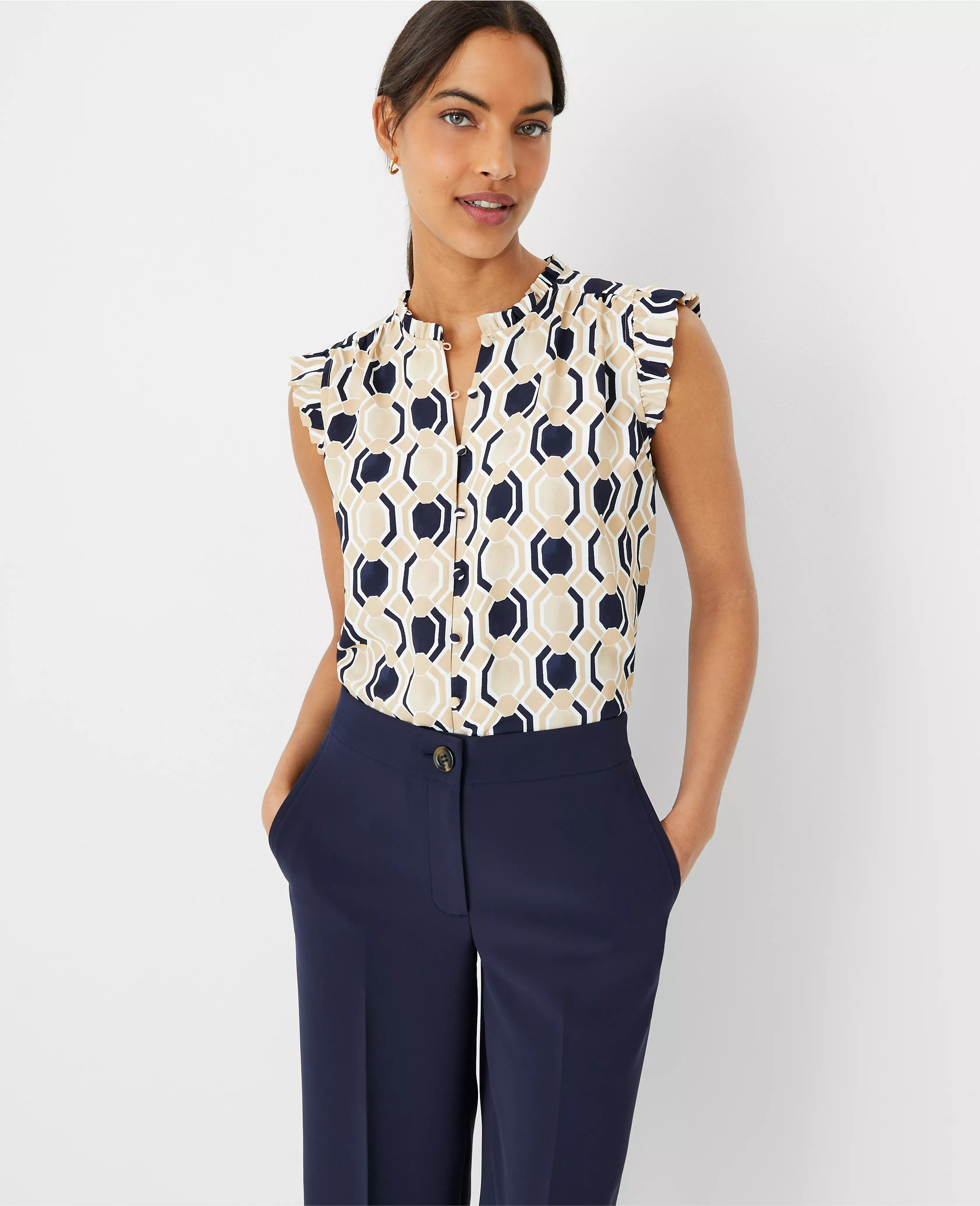 Geo Mixed Media Ruffle Shell | Ann Taylor (US)