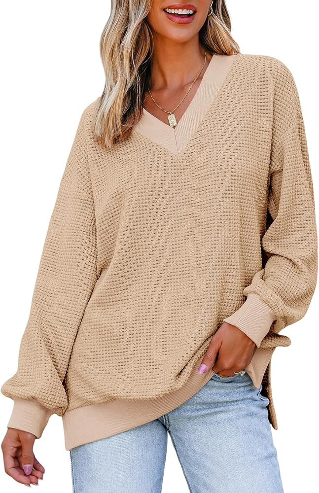 Dokotoo V Neck Waffle Knit Off Shoulder Pullover Sweater | Amazon (US)