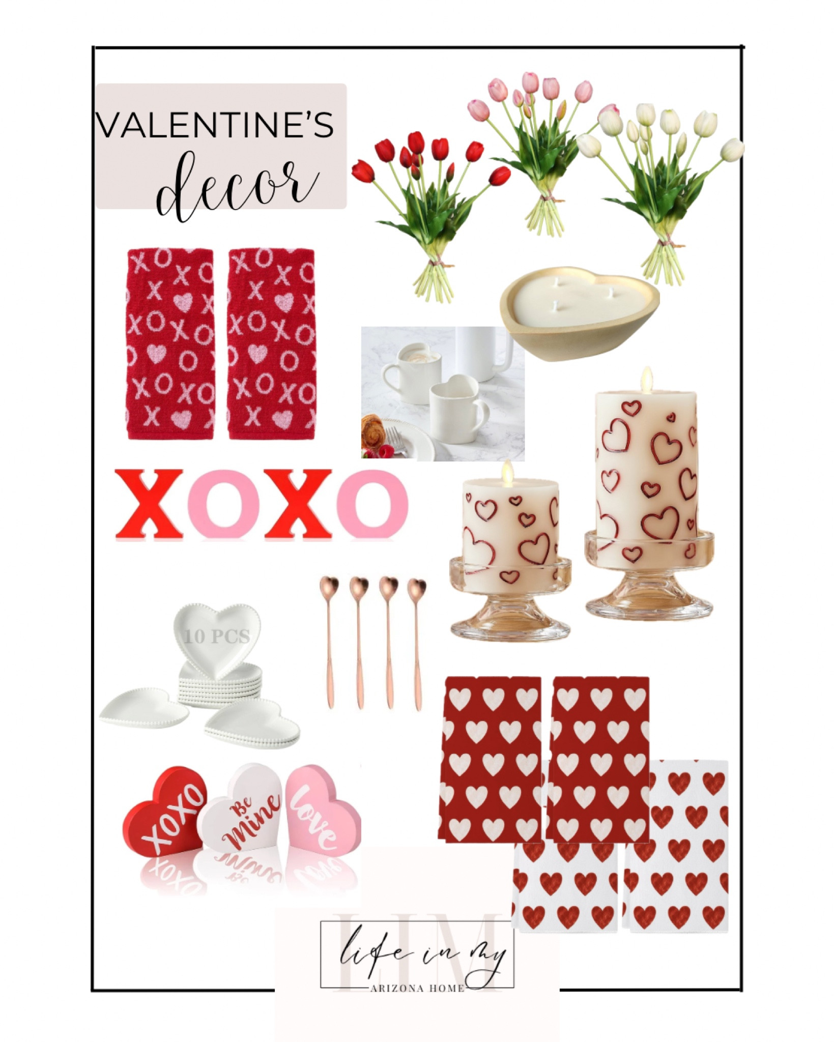 Valentine’s Day decor!  Follow @lifeinmyarizonahome on Instagram for more inspiration. 

Here are some of the Valentines decor pieces I’m using this year in my kitchen and coffee bar!

Wood heart shaped sign | XOXO wood letters | 4 piece heart shaped spoon | 6” inch heart shaped wooden bowl candle | Luminara Debossed Hearts Pillar Candle Metallic Red flameless candle | Valentines Day heart Kitchen Towels Set of 2 | 6.3 Inch heart Ceramic Dessert Plates Set of 10 | Valentine's Day Xs and Os Hand Towel Set |  Tulips Artificial Flowers Real Touch | heart mugs 

#valentinesdecor

#LTKFindsUnder50 #LTKHome #LTKSeasonal