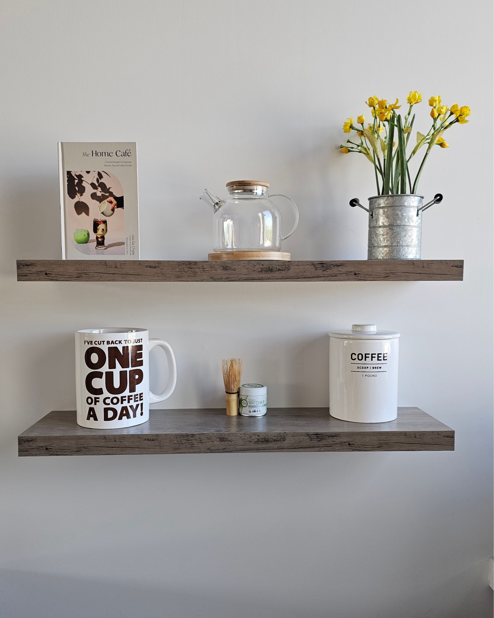 These lovely floating shelves have an invisible wall-mount and are fairly easy to install. They are 23 inches long  and the color is called “greige.” They’re made from engineered wood and feel nice and solid.
I was surprised to see that these are often returned to Amazon. We liked them so much, we bought a second set!
I’ve tagged the items you see, that I also bought on Amazon. 


#LTKHome