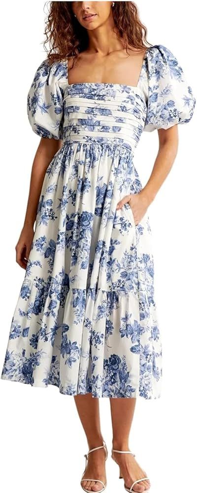 Puff Sleeve Midi Dress,Women's Summer Casual Flowy Beach Floral Ruffle Maxi Dress,Square Neck Dre... | Amazon (US)