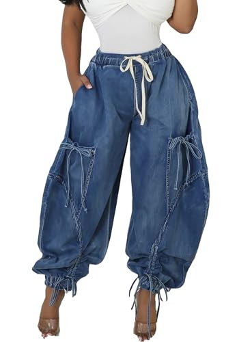 LETSVDO Women's Baggy Cargo Jogger Jeans High Waisted Wide Leg Drawstring Bow Pockets Loose Harem... | Amazon (US)