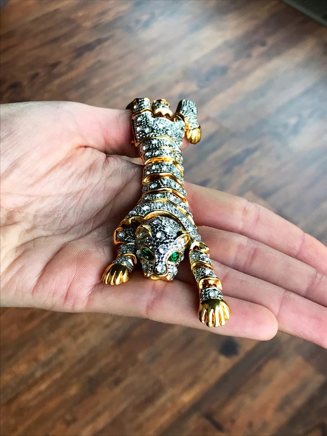 Vintage Long Articulated Wildcat Brooch with Emerald Green Eyes, Rhinestone Studded Body, Luxurio... | Etsy (US)