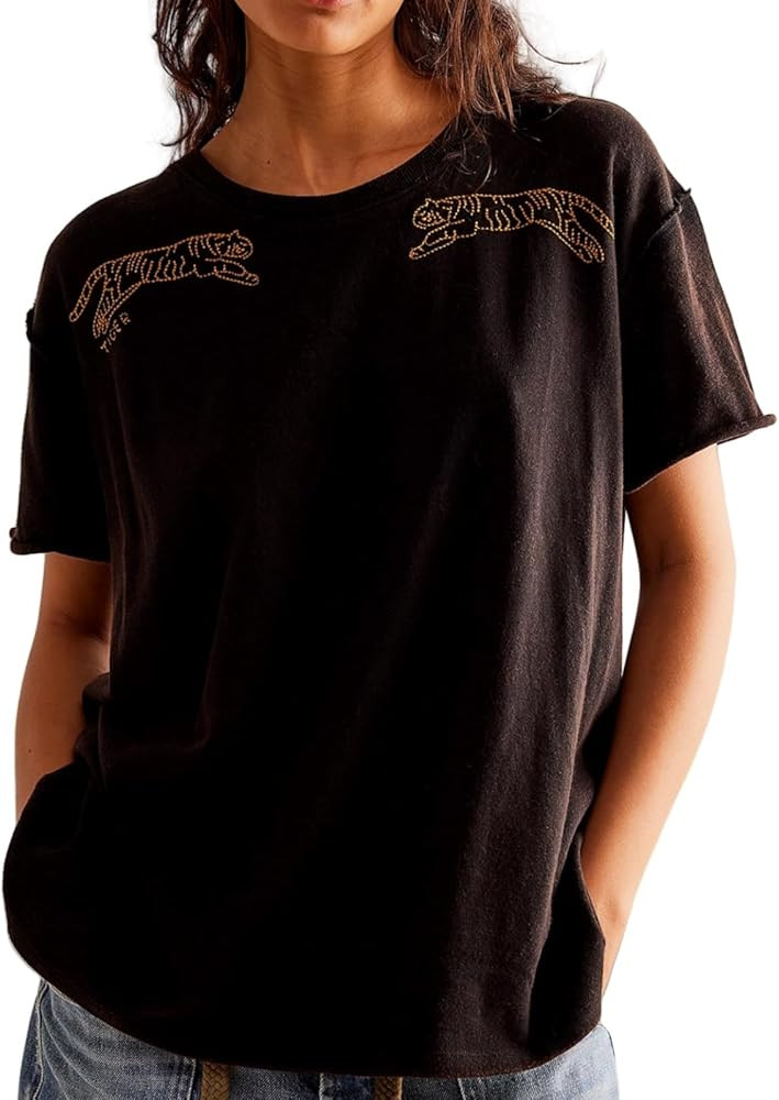 Summer Graphic Tees for Women Short Sleeve Crew Neck T Shirt Casual Basic Cotton Loose Fit Workou... | Amazon (US)