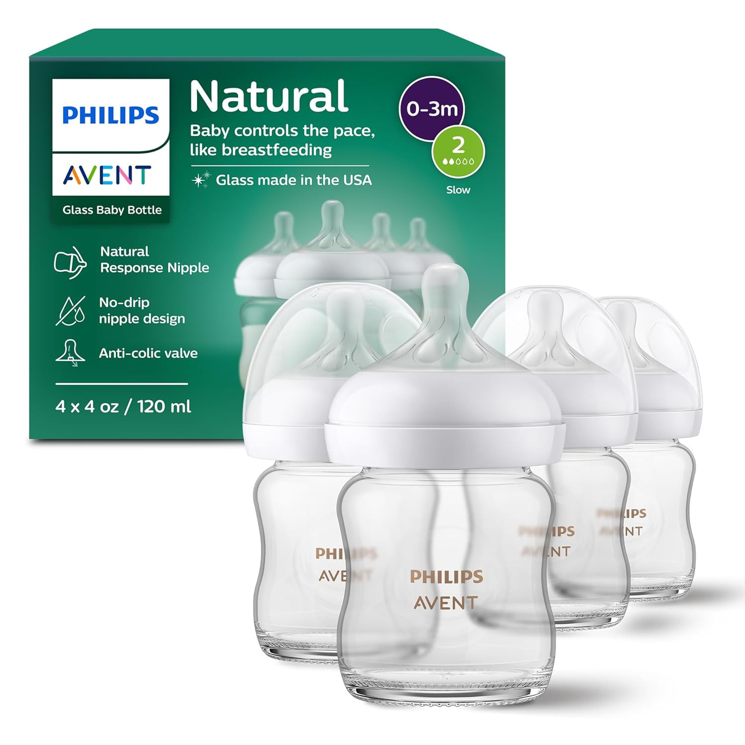 Philips Avent Natural Glass Baby Bottles with Natural Response Nipples (Slow Flow, Flow 2), 4oz, ... | Amazon (US)