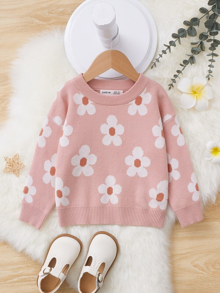 SHEIN Kids Y2Kool Toddler Girls Floral Pattern Drop Shoulder Sweater | SHEIN