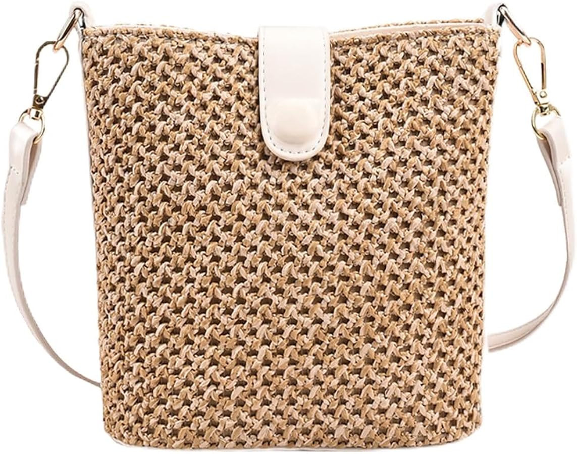 Women Straw Crossbody Bag Beach Handmade Rattan Shoulder Bags Hand Woven Leather Straps Straw Clu... | Amazon (US)