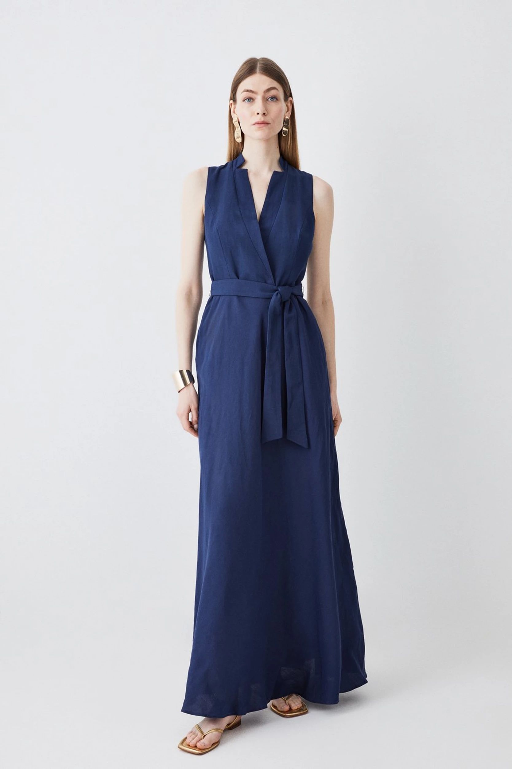 Linen Wrap Tie Waisted Maxi Dress | Karen Millen UK + IE + DE + NL