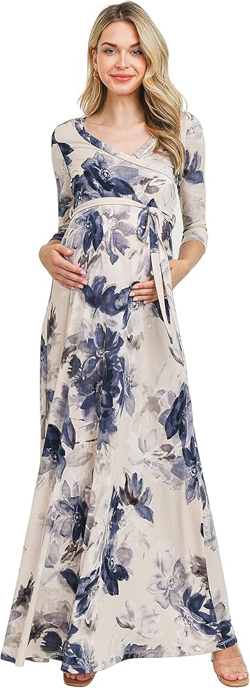 HELLO MIZ Women's Faux Wrap Maxi Maternity Dress with Belt - Made in USA | Amazon (US)