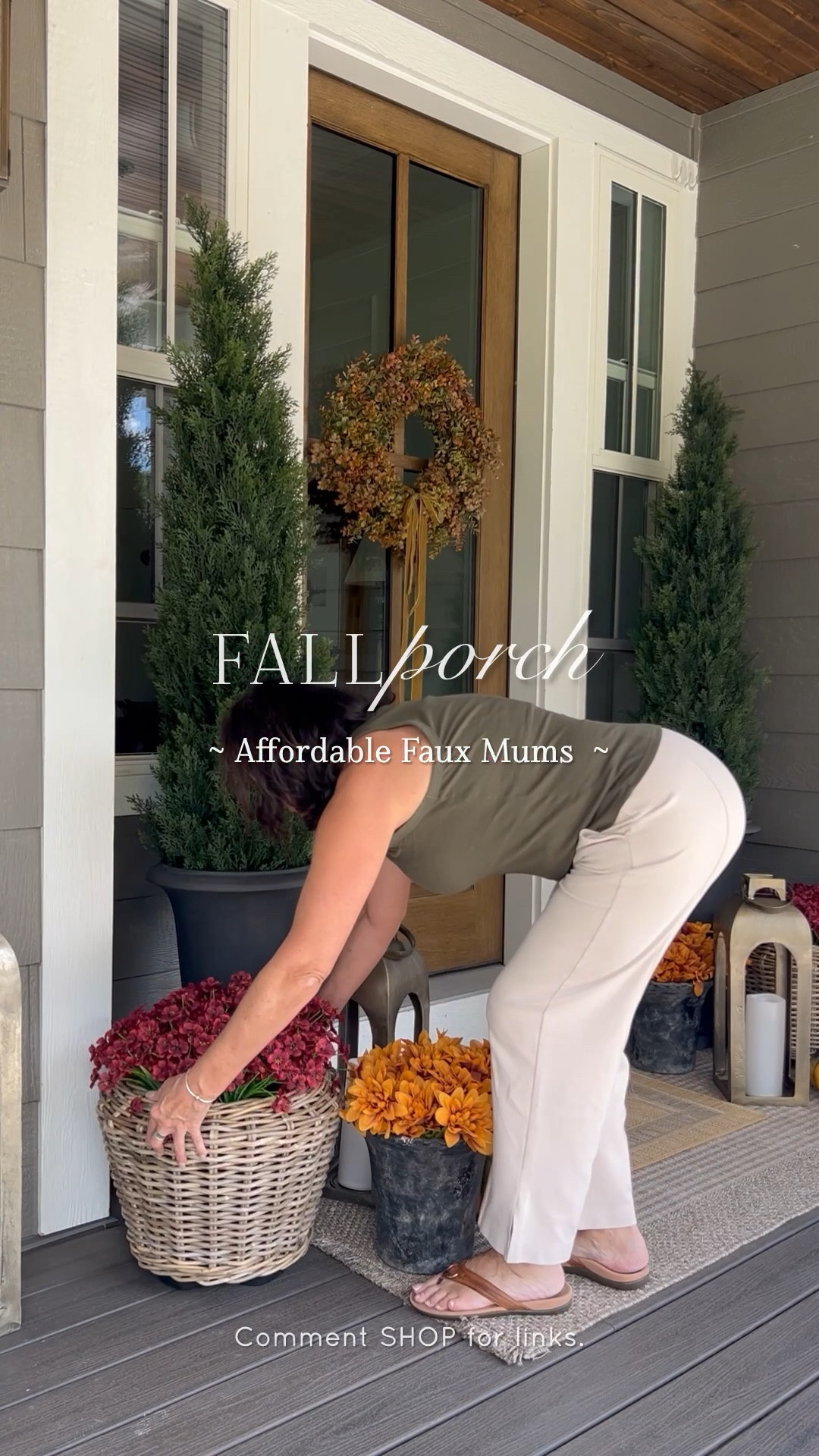 The color combo on these faux mums is so gorgeous for a fall porch. I used two orders of each mum in each planter. My planters are size L  

And this door wreath! Gorgeous!! I added gold velvet ribbon in 1-1/2 and 5/8 inch and linked what I used. 

#LTKHome #LTKSeasonal #LTKFindsUnder50