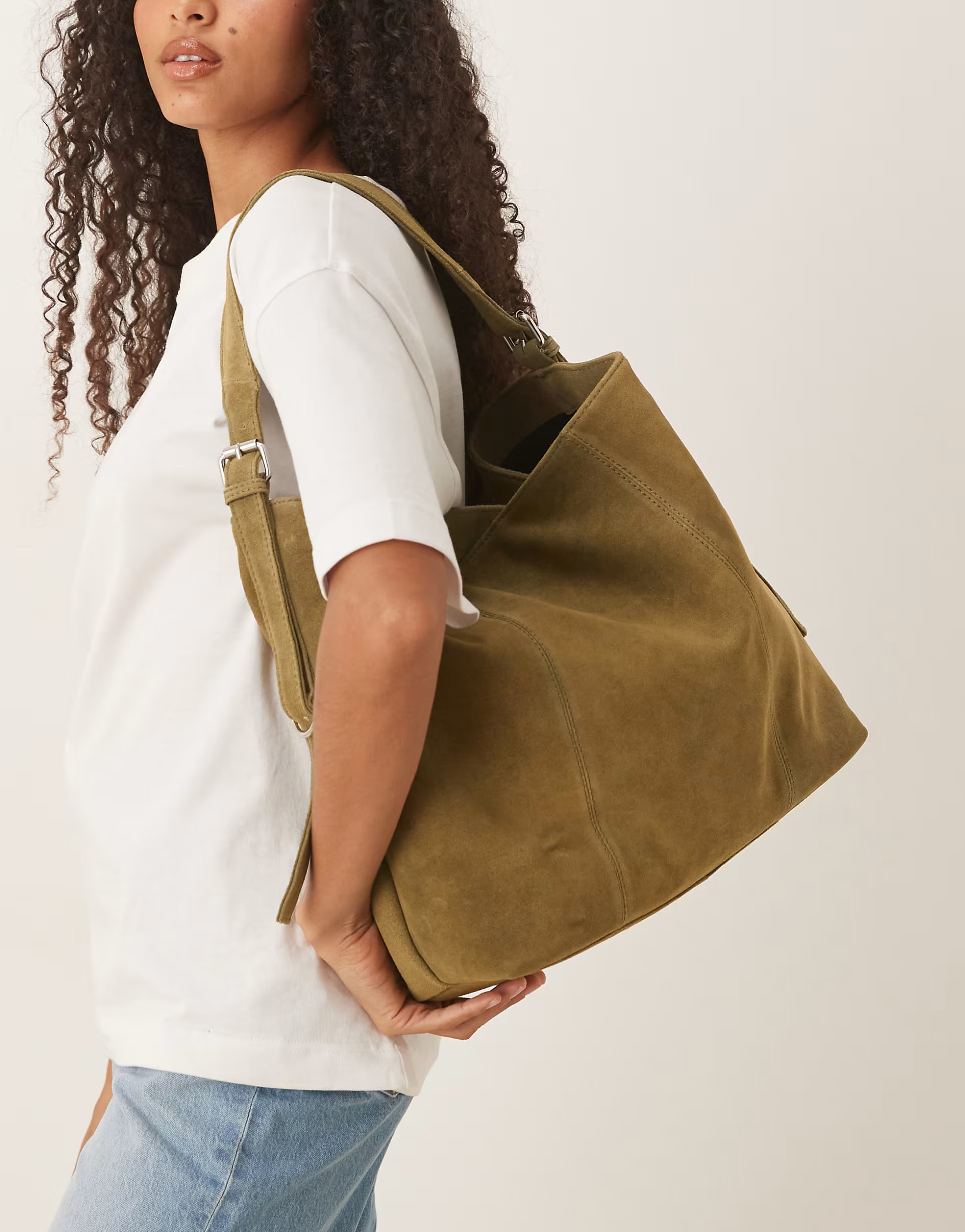 ASOS DESIGN suede tote bag with buckle in khaki green | ASOS | ASOS (Global)