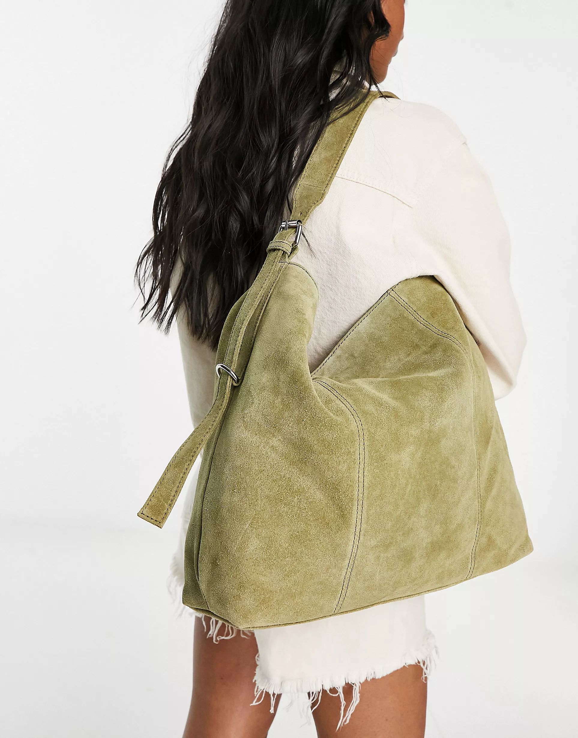 ASOS DESIGN suede tote bag with buckle in khaki green | ASOS (Global)